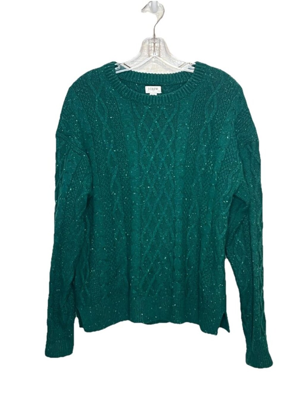 J Crew Women's L Green Cable Knit Donegal Speckled Sweater Cotton Crewneck